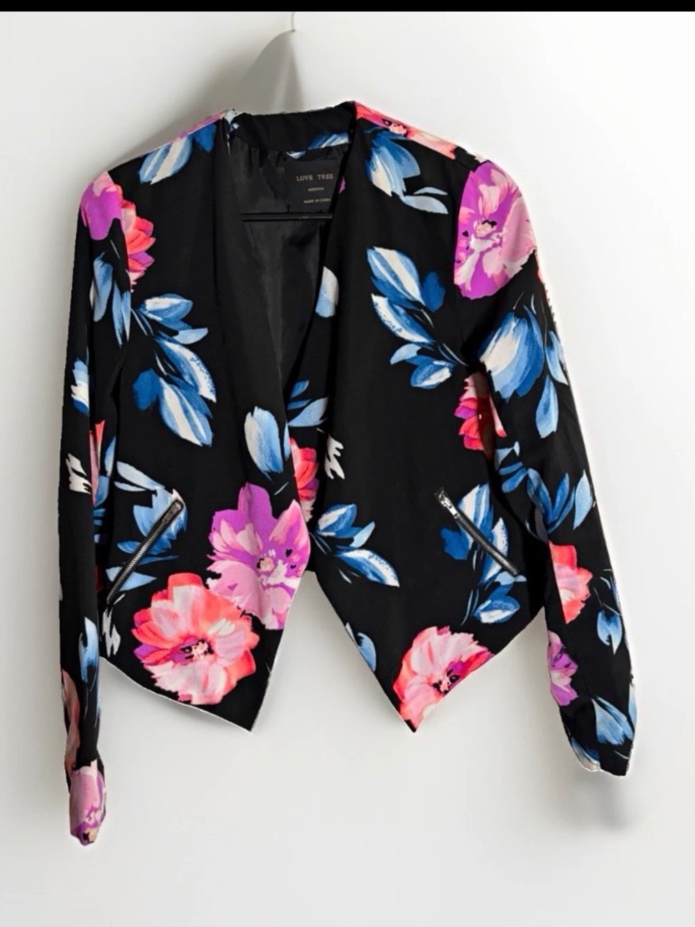 Love Tree Black Floral Cropped Blazer with Pink, Purple & Blue Blooms